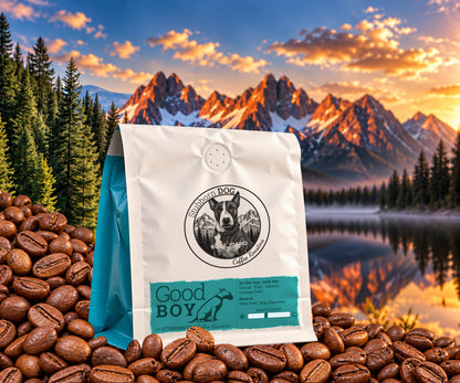 A bag of Good Boy Medium Roast coffee on roasted beans, with pine trees, mountains and a lake at sunset behind it